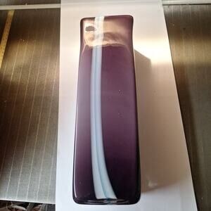 VNTG Vase Hand Blown Glass Purple Block Candy Ribbon BlueWhite Stripe 12.5” Tall